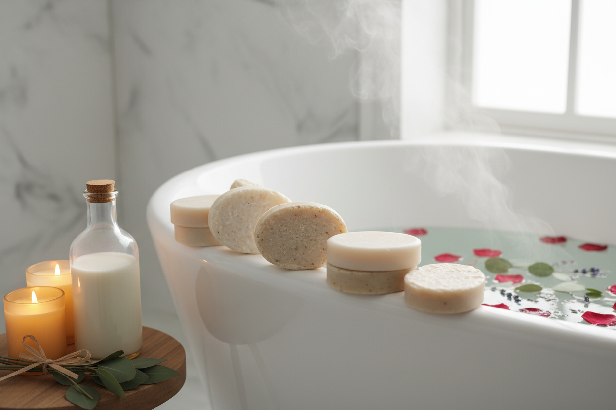 Artisanal soaps on bathtub edge