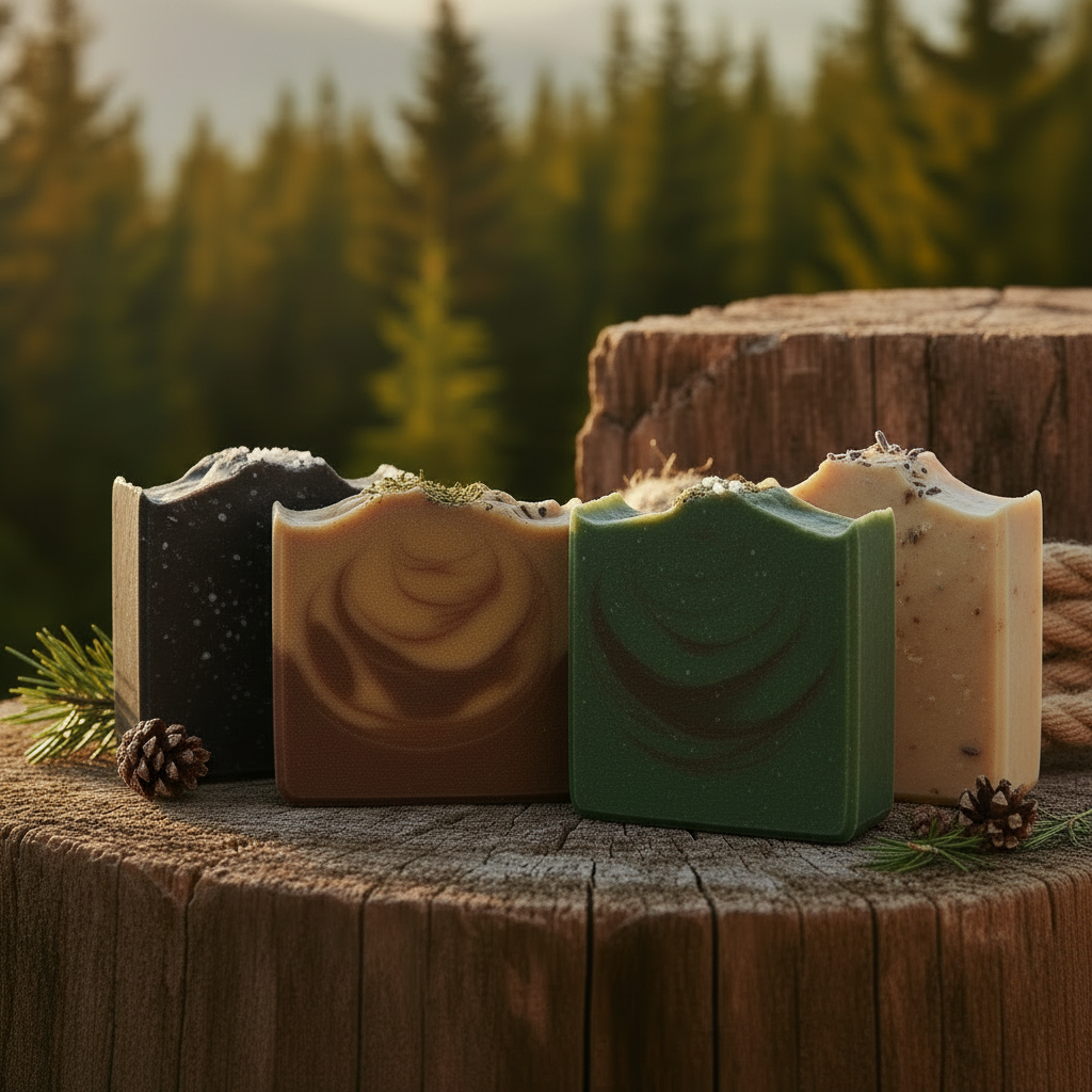 Masculine Bar Soap - Four bars on rustic wood with golden hour wilderness background